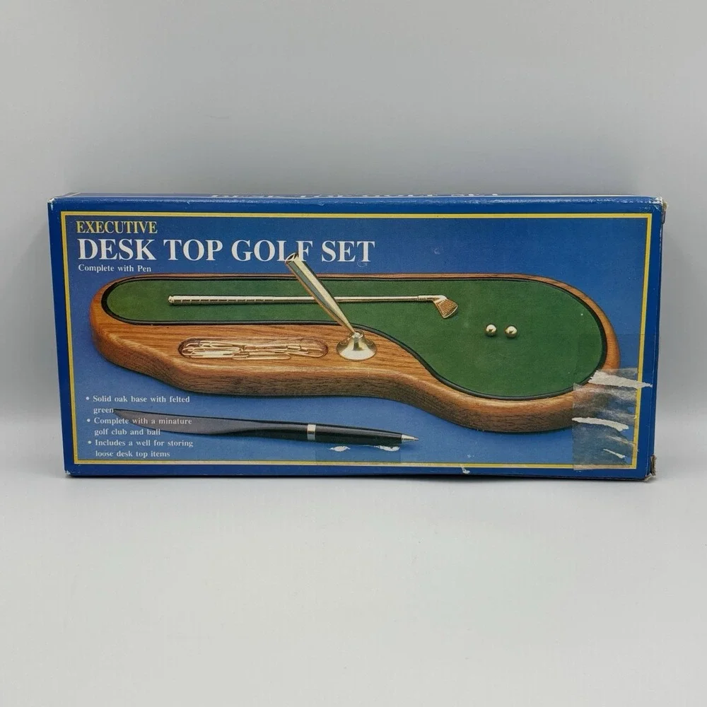 Vintage Desktop Pen Holder Golf Putting Green Walnut Base Man Cave Golf Open Box